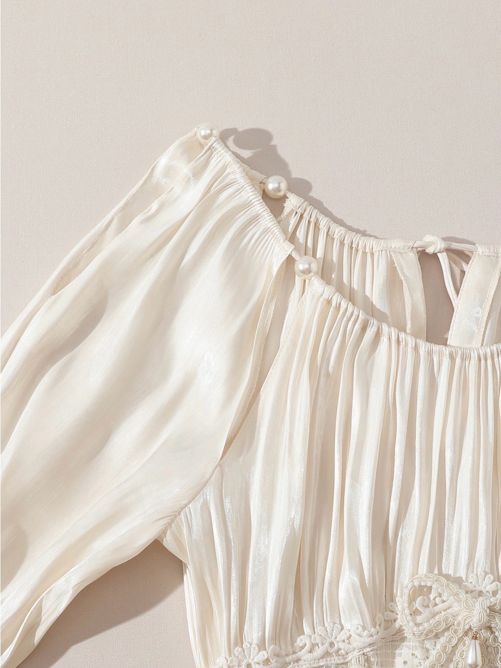 Elegant Ivory Satin Corset Midi Dress with Puff Sleeves - Picture 8 of 9